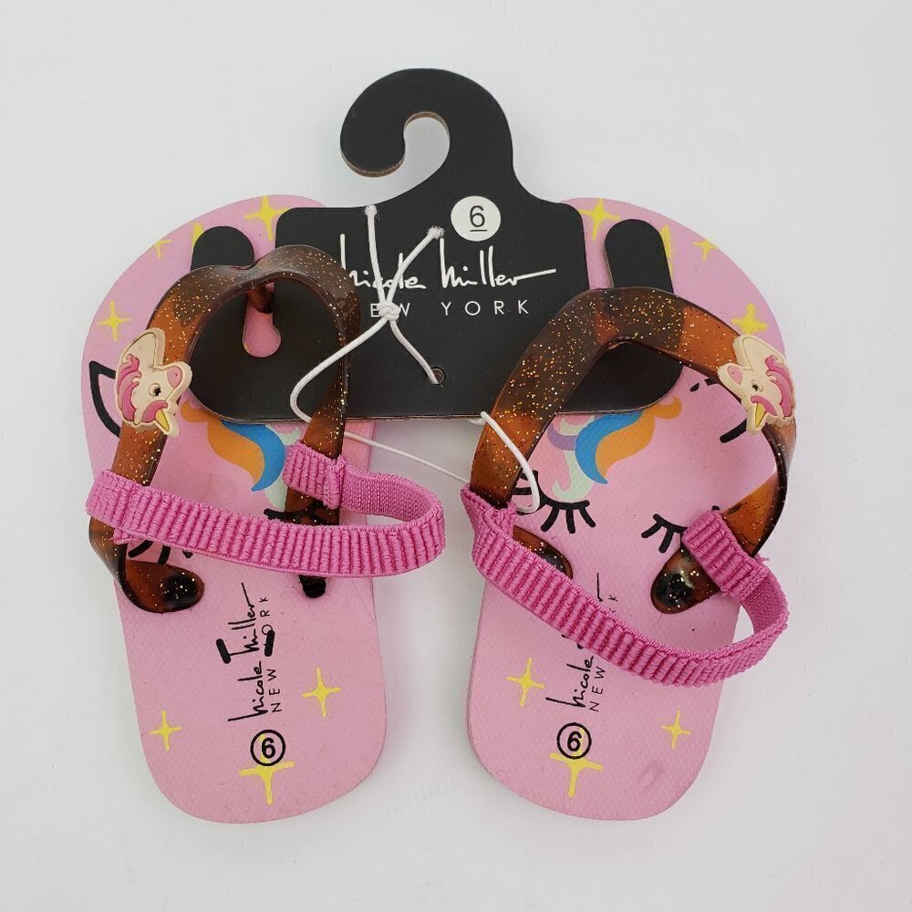 Nicole Miller New York Baby Girls Sz 6 Pink Unicorn Back Strap Flip Flop Sandals